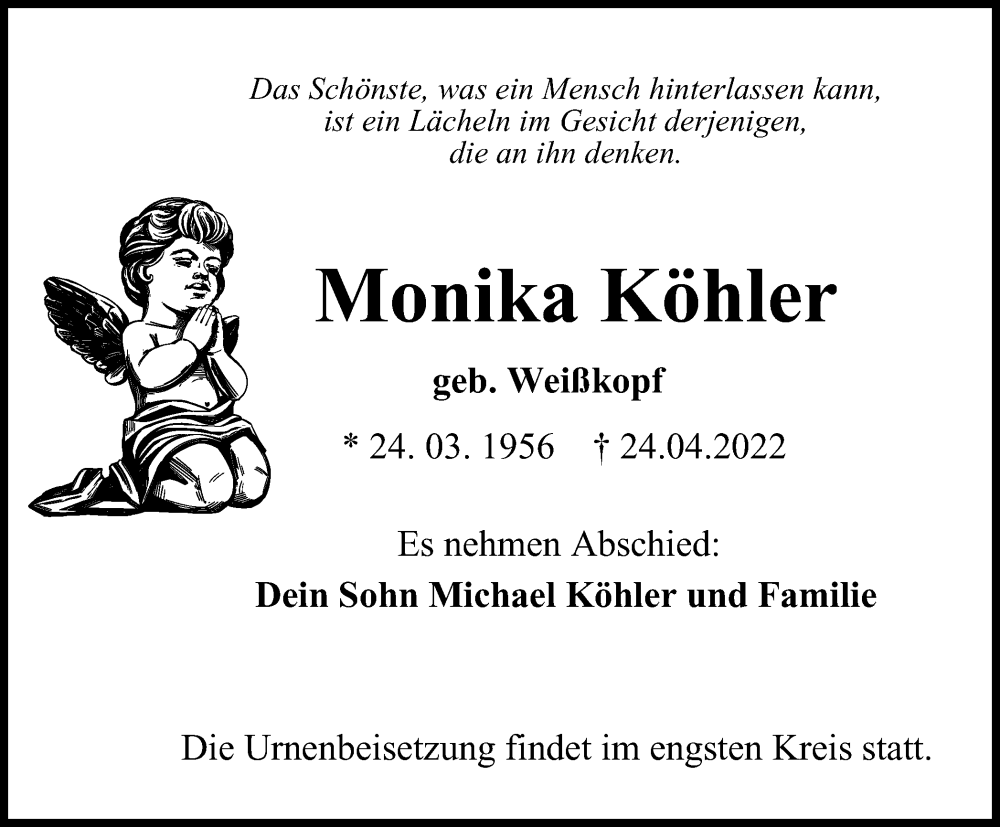  Traueranzeige für Monika Köhler vom 07.05.2022 aus Thüringer Allgemeine, Thüringische Landeszeitung