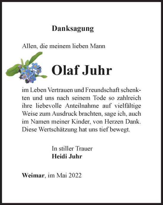 Traueranzeige von Olaf Juhr von Thüringer Allgemeine, Thüringische Landeszeitung