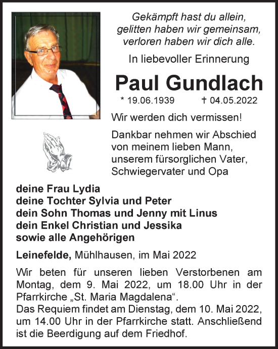 Traueranzeige von Paul Gundlach von Thüringer Allgemeine