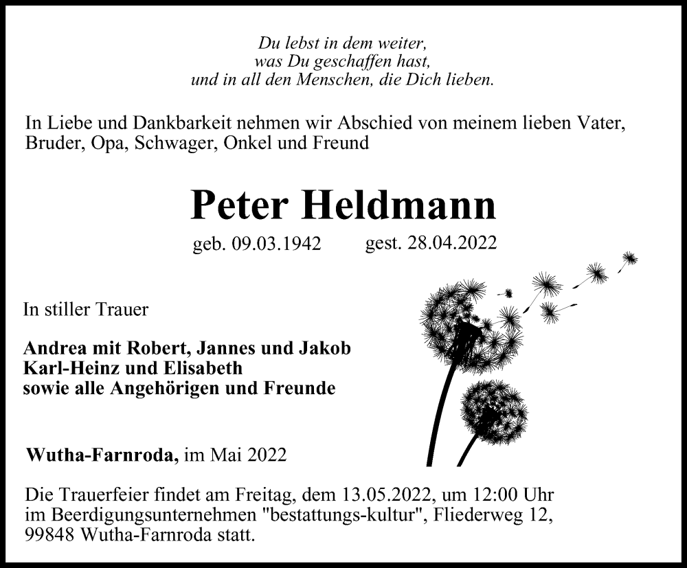  Traueranzeige für Peter Heldmann vom 07.05.2022 aus Thüringer Allgemeine, Thüringische Landeszeitung