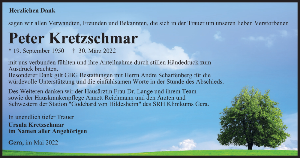  Traueranzeige für Peter Kretzschmar vom 07.05.2022 aus Ostthüringer Zeitung
