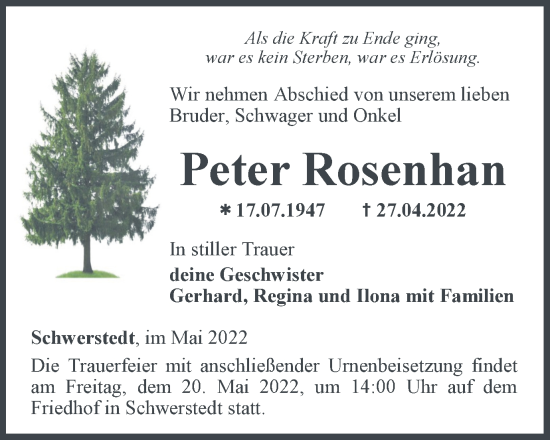 Traueranzeige von Peter Rosenhan von Thüringer Allgemeine, Thüringische Landeszeitung