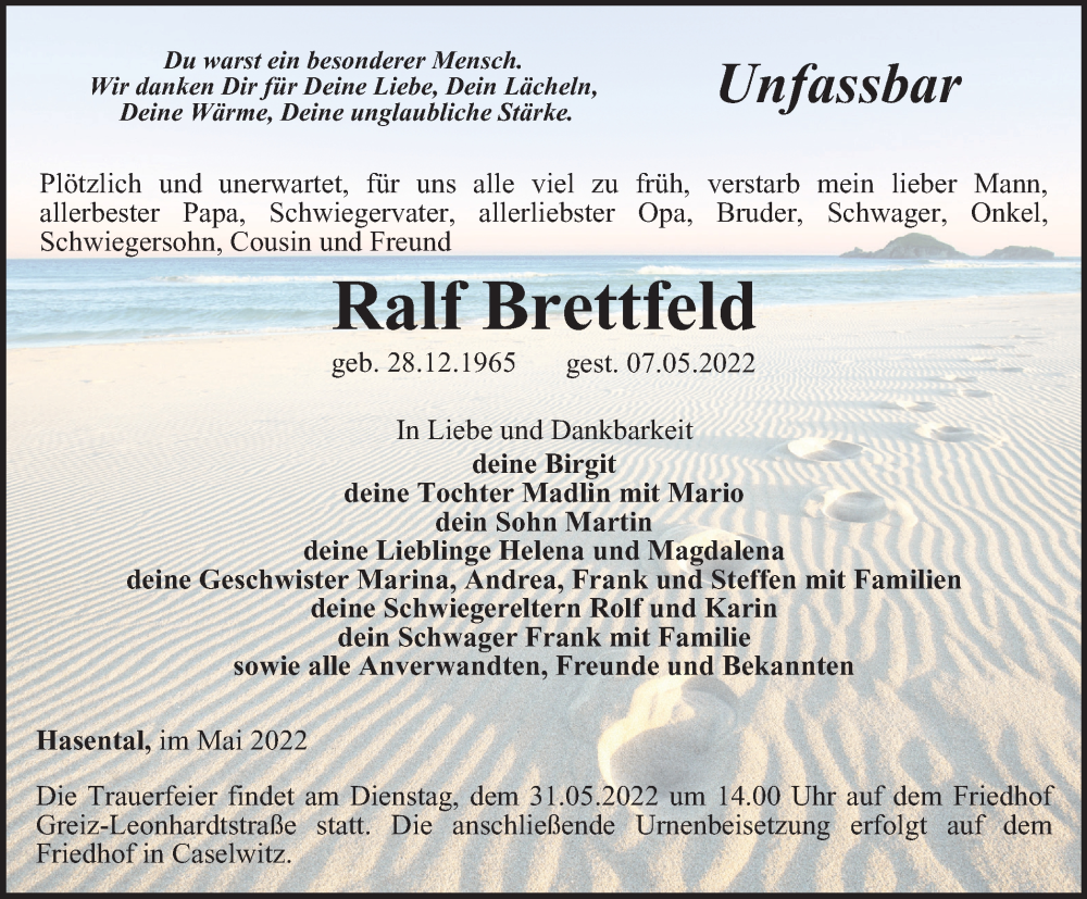  Traueranzeige für Ralf Brettfeld vom 13.05.2022 aus Ostthüringer Zeitung