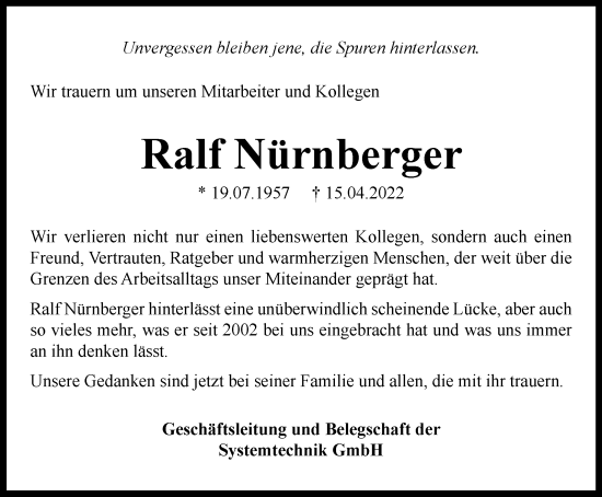 Traueranzeige von Ralf Nürnberger von Thüringer Allgemeine