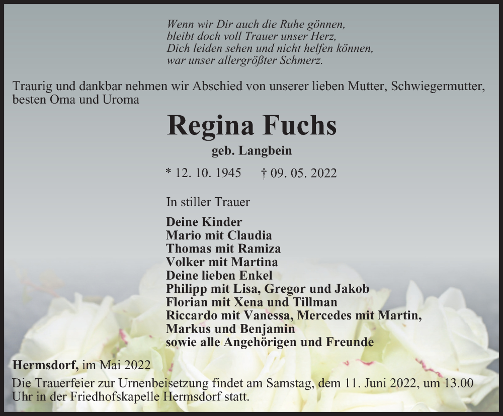  Traueranzeige für Regina Fuchs vom 21.05.2022 aus Ostthüringer Zeitung