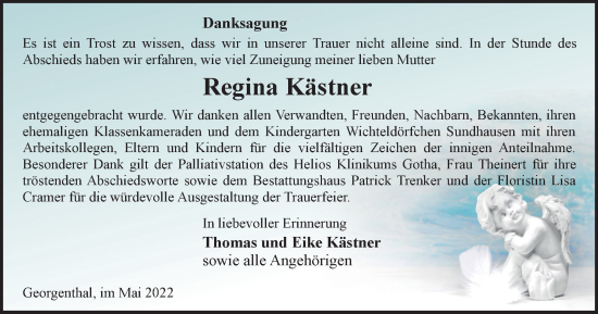 Traueranzeige von Regina Kästner von Thüringer Allgemeine, Thüringische Landeszeitung