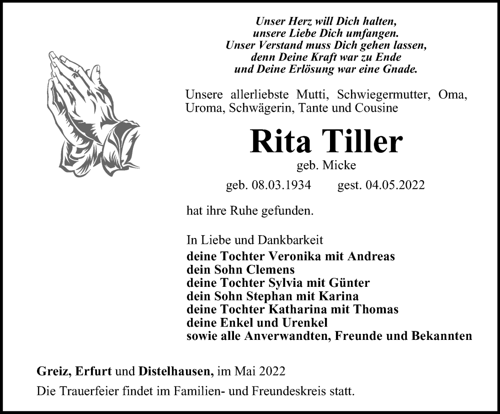  Traueranzeige für Rita Tiller vom 10.05.2022 aus Ostthüringer Zeitung