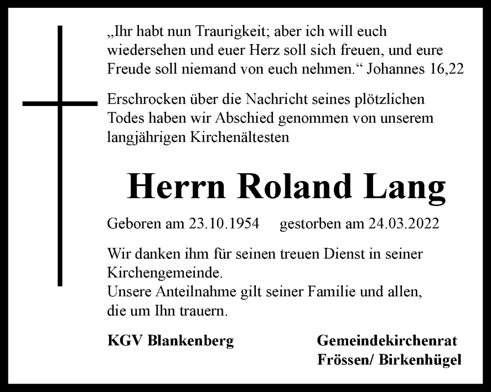  Traueranzeige für Roland Lang vom 07.05.2022 aus Ostthüringer Zeitung