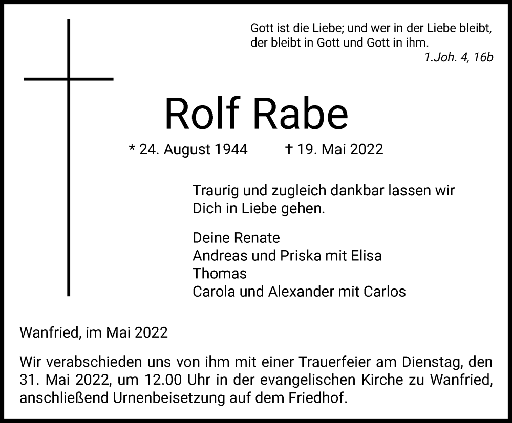  Traueranzeige für Rolf Rabe vom 28.05.2022 aus Thüringer Allgemeine
