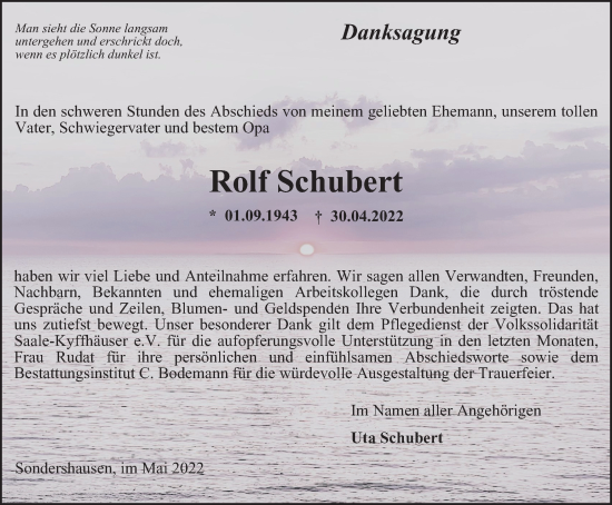 Traueranzeige von Rolf Schubert von Thüringer Allgemeine