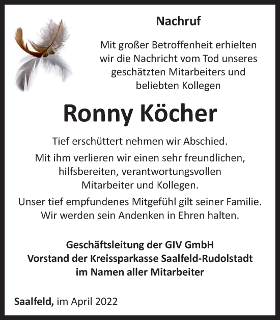 Traueranzeige von Ronny Köcher von Ostthüringer Zeitung