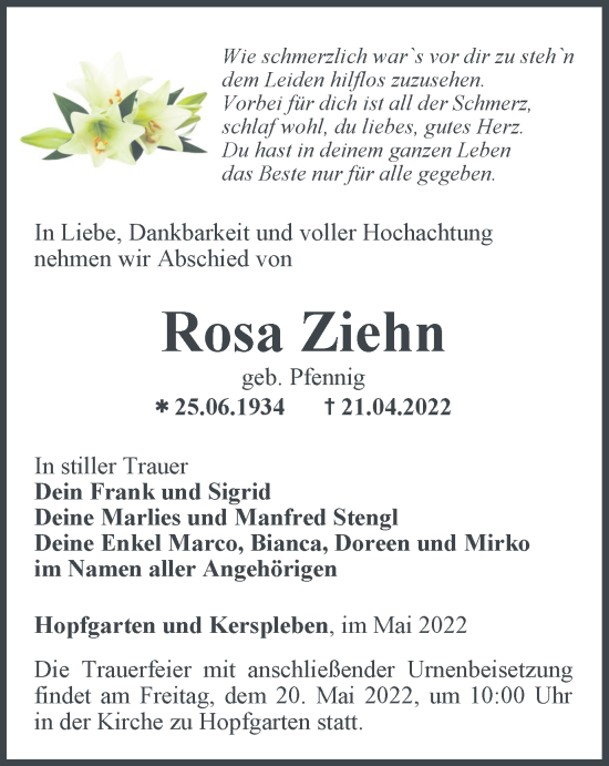 Traueranzeige von Rosa Ziehn von Thüringer Allgemeine, Thüringische Landeszeitung