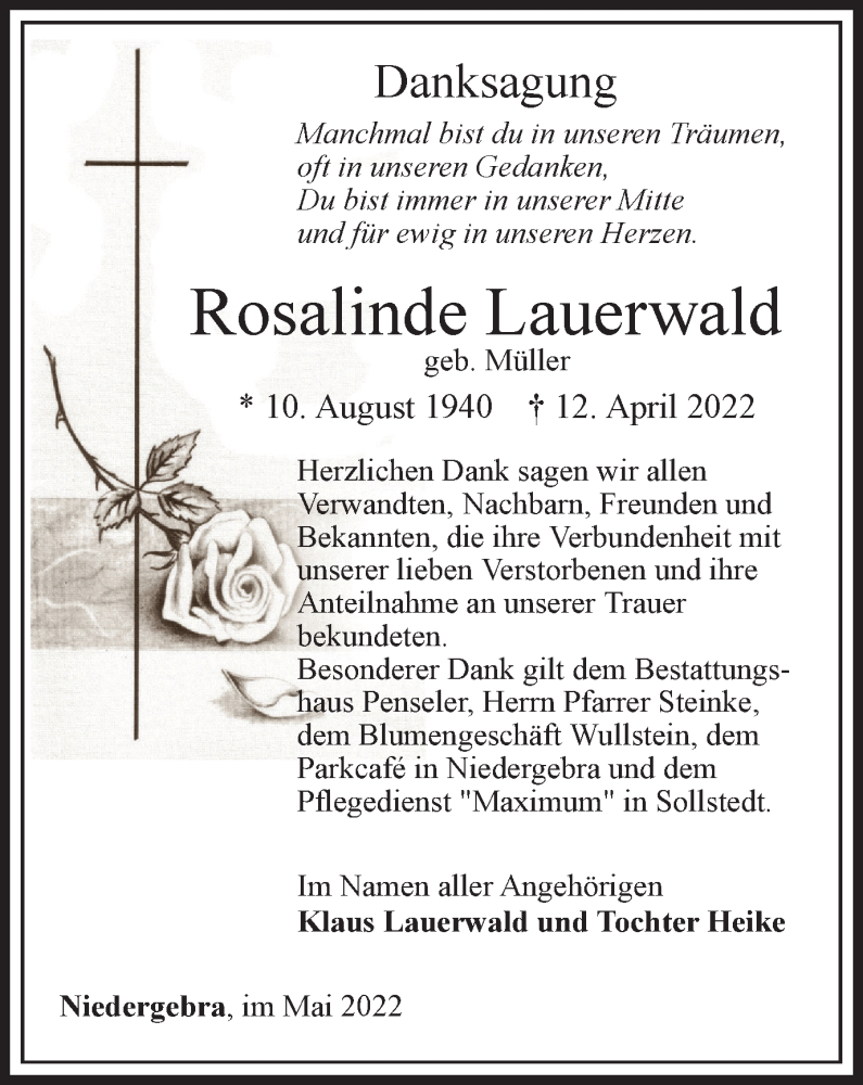 Traueranzeige für Rosalinde Lauerwald vom 07.05.2022 aus Thüringer Allgemeine