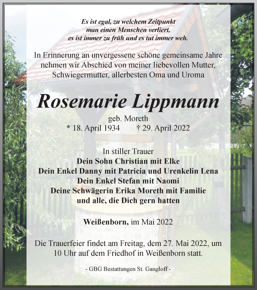  Traueranzeige für Rosemarie Lippmann vom 07.05.2022 aus Ostthüringer Zeitung