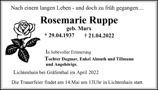 Traueranzeige von Rosemarie Ruppe von Ostthüringer Zeitung