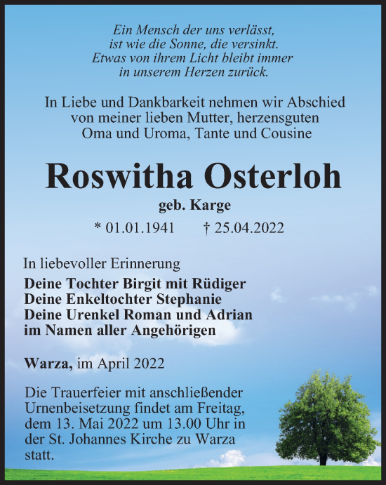 Traueranzeige von Roswitha Osterloh von Thüringer Allgemeine, Thüringische Landeszeitung