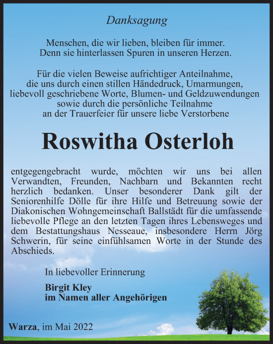 Traueranzeige von Roswitha Osterloh von Thüringer Allgemeine, Thüringische Landeszeitung