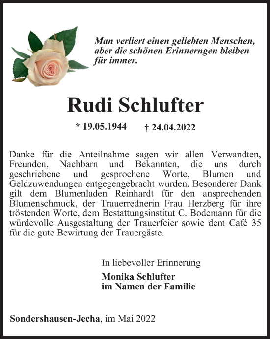 Traueranzeige von Rudi Schlufter