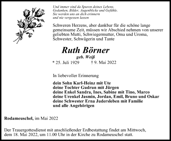 Traueranzeige von Ruth Börner von Ostthüringer Zeitung, Thüringische Landeszeitung