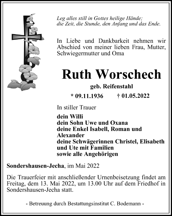 Traueranzeige von Ruth Worschech von Thüringer Allgemeine