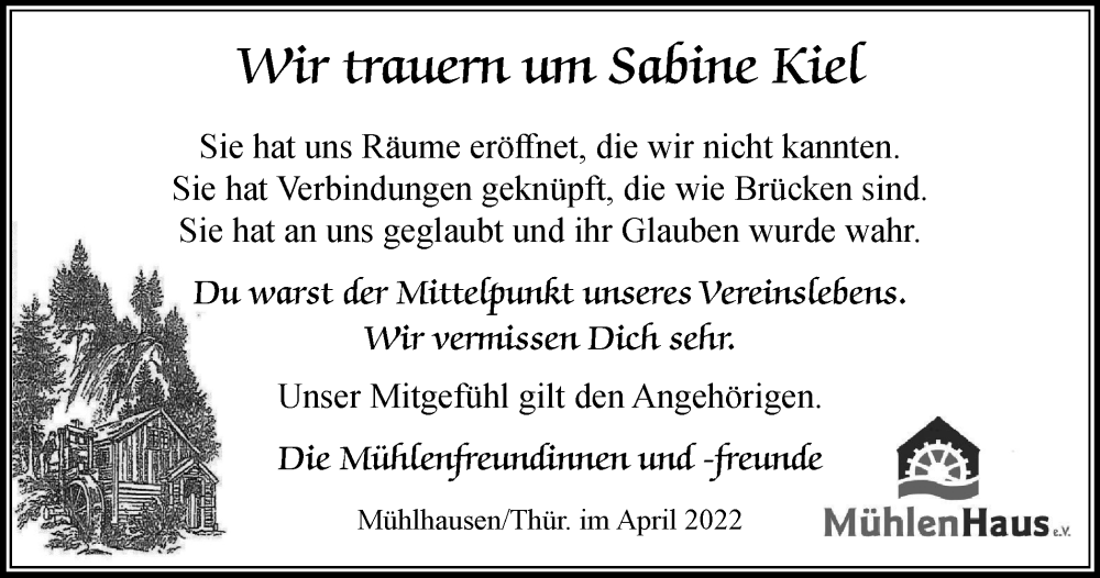  Traueranzeige für Sabine Kiel vom 07.05.2022 aus Thüringer Allgemeine, Thüringische Landeszeitung