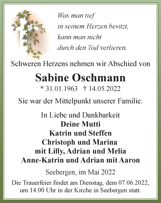Traueranzeige von Sabine Oschmann von Thüringer Allgemeine, Thüringische Landeszeitung