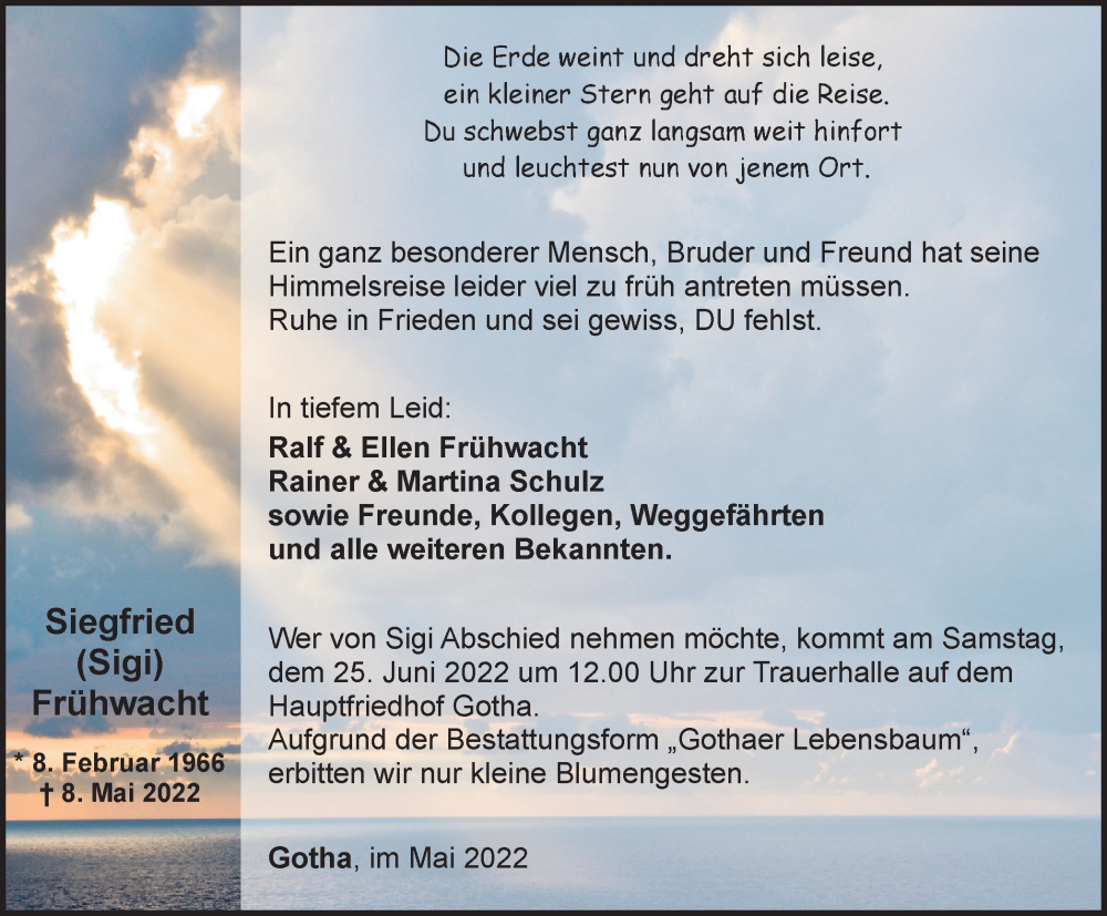  Traueranzeige für Siegfried Frühwacht vom 28.05.2022 aus Thüringer Allgemeine, Thüringische Landeszeitung