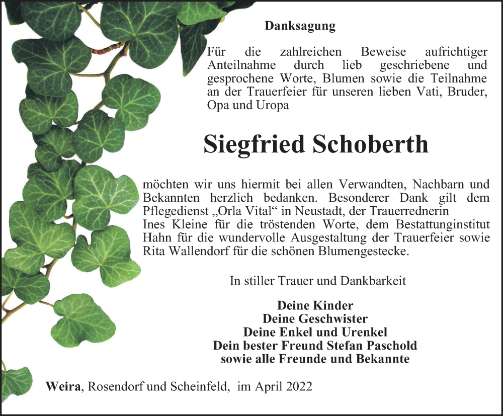  Traueranzeige für Siegfried Schoberth vom 07.05.2022 aus Ostthüringer Zeitung