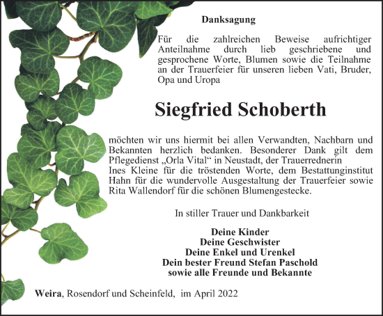 Traueranzeige von Siegfried Schoberth von Ostthüringer Zeitung