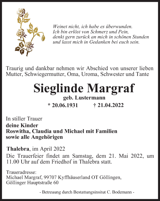 Traueranzeige von Sieglinde Margraf