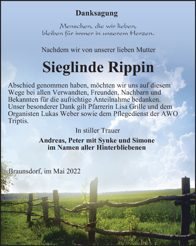  Traueranzeige für Sieglinde Rippin vom 28.05.2022 aus Ostthüringer Zeitung