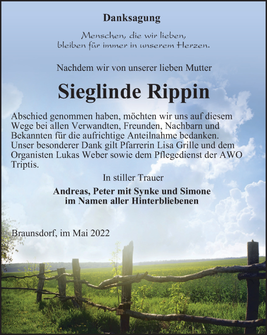 Traueranzeige von Sieglinde Rippin