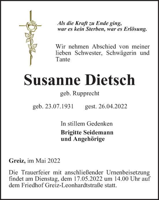 Traueranzeige von Susanne Dietsch von Ostthüringer Zeitung