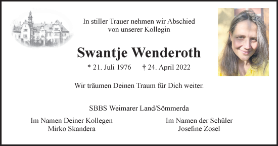 Traueranzeige von Swantje Wenderoth von Thüringer Allgemeine, Thüringische Landeszeitung
