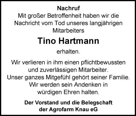 Traueranzeige von Tino Hartmann von Ostthüringer Zeitung