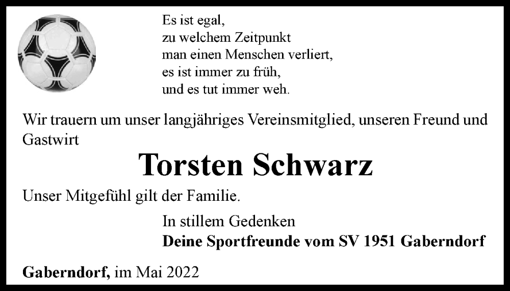  Traueranzeige für Torsten Schwarz vom 07.05.2022 aus Thüringer Allgemeine, Thüringische Landeszeitung