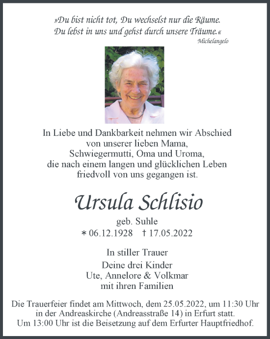 Traueranzeige von Ursula Schlisio von Thüringer Allgemeine, Thüringische Landeszeitung