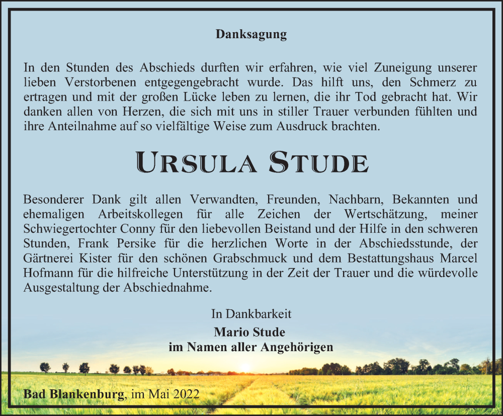  Traueranzeige für Ursula Stude vom 07.05.2022 aus Ostthüringer Zeitung
