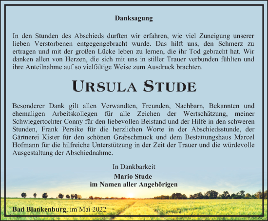 Traueranzeige von Ursula Stude von Ostthüringer Zeitung