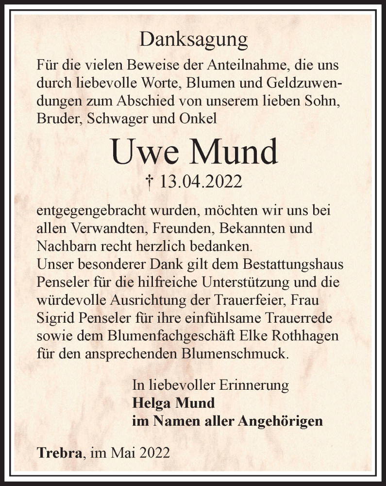  Traueranzeige für Uwe Mund vom 07.05.2022 aus Thüringer Allgemeine