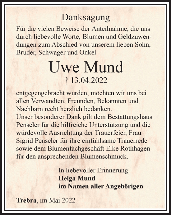 Traueranzeige von Uwe Mund von Thüringer Allgemeine