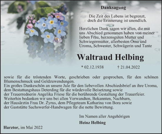 Traueranzeige von Waltraud Helbing von Thüringer Allgemeine