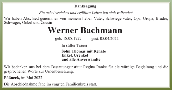 Traueranzeige von Werner Bachmann von Ostthüringer Zeitung