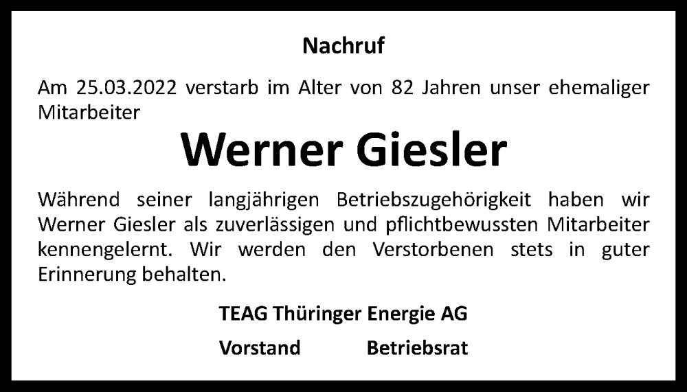  Traueranzeige für Werner Giesler vom 07.05.2022 aus Ostthüringer Zeitung, Thüringische Landeszeitung