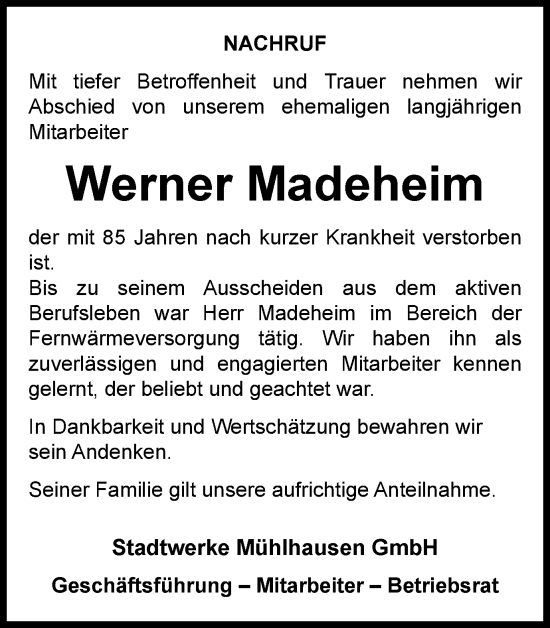 Traueranzeige von Werner Madeheim von Thüringer Allgemeine, Thüringische Landeszeitung