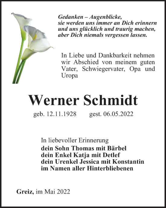 Traueranzeige von Werner Schmidt von Ostthüringer Zeitung