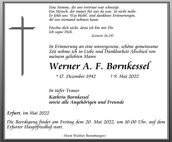 Traueranzeige von Werner A. F. Bornkessel von Thüringer Allgemeine, Thüringische Landeszeitung