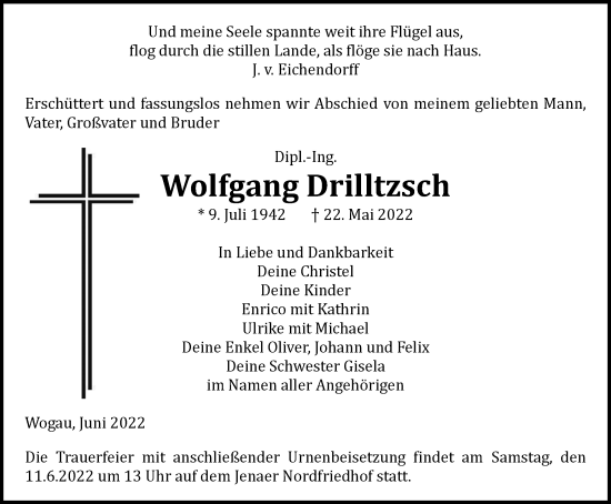 Traueranzeige von Wolfgang Drilltzsch von Ostthüringer Zeitung, Thüringische Landeszeitung