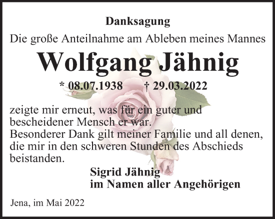 Traueranzeige von Wolfgang Jähnig von Ostthüringer Zeitung, Thüringische Landeszeitung