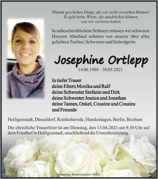 Traueranzeige von Josephine Ortlepp von Thüringer Allgemeine